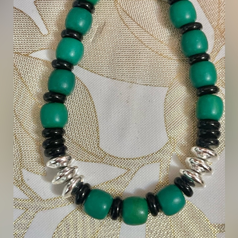 Southwest Green composite Turquoise Onyx Hematite beads Necklace Sterling Clasp - Picture 5 of 5
